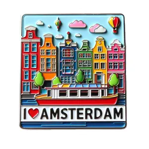 Alliage d'émail personnalisé en forme de maison colorée Souvenir touristique Pays-Bas Amsterdam Aimant de réfrigérateur en métal