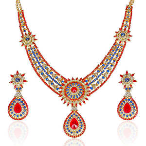 Mithya Fine Jewelry Set Austrian Stone <b>Gold</b> & Rhodium Plated Necklace & <b>Earrings</b> Featuring <b>Sapphire</b> Pearl for Gifts Made Copper - Product Image 1