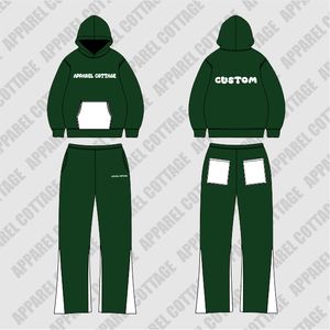 OEM color verde oscuro con bolsillos blancos y logotipos pantalones acampanados con capucha comodidad transpirable chándal conjuntos de traje estampado de los hombres - Product Image 1