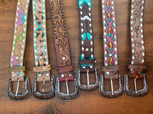 เข็มขัดหนังแท้สำหรับผู้ชายและผู้หญิง, เข็มขัดลายดอกไม้ทำด้วยมือแบบตะวันตกเข็มขัดคาดเอวหนังแท้ - Product Image 5