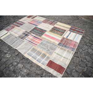 Alfombra Vintage de lana Beige de 5,6x7,6 pies estilo bohemio Patchwork hecho a mano turco rectángulo diseño de pasillo respaldo de látex para uso en la cabecera - Product Image 3