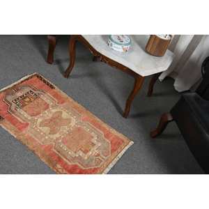 Alfombra de lana roja y beige de 1,6x2,8 pies hecha a mano, diseño de retazos abstracto turco para entrada, látex grueso de 10mm para adolescentes - Product Image 4