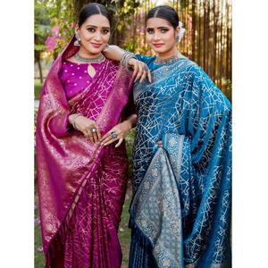 ผ้าส่าหรีผ้าซาตินไหมเนื้อนุ่มแบบคันจิวารัม สีสันและดีไซน์หรูหรา พร้อมงานปักลายบัตต้าสวยงาม มีจำหน่ายจากผู้ค้าส่งชาวอินเดีย - Product Image 1