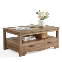 Table basse en bois de style farmhouse chic pour la maison, avec tiroirs de rangement, espace d'exposition ouvert, poignées métalliques, base incurvée, marron