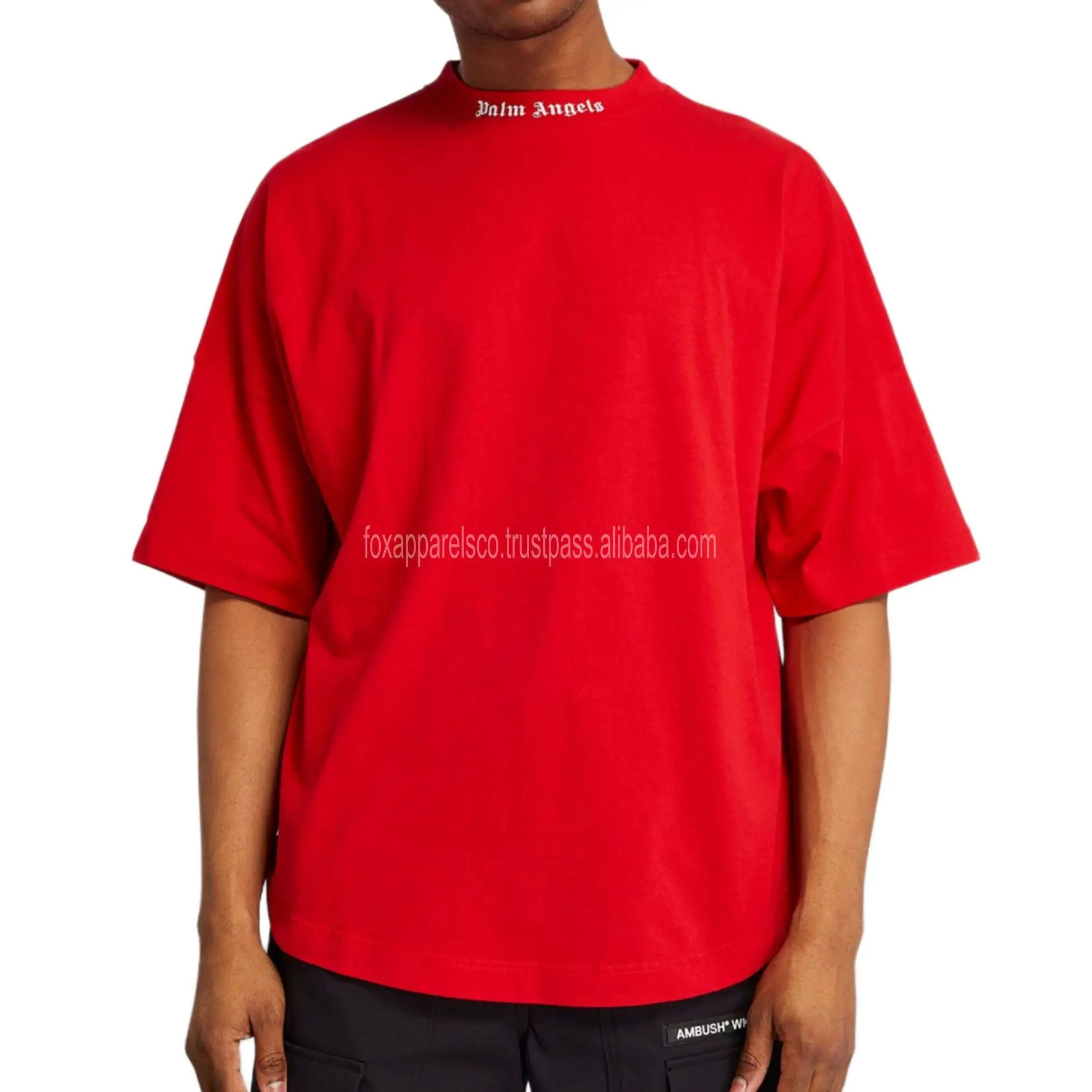 100% Katoenen Effen Rood Custom T-Shirt Mannen O-hals Mannelijk T-Shirt Hoge Kwaliteit Poff Print Zware Oversized Bedrukte T-Shirt