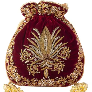 Elegant Maroon Fabric Potli Wrist Bag with Embroidery Crystal Glass Beads & Dabka Work for Party or <b>Wedding</b> in 2024 - Product Image 1