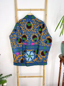 แจ็กเก็ตแฟชั่นปักด้วยมือสีฟ้าสำหรับผู้หญิงเสื้อแจ็กเก็ตสไตล์โบฮีเมียนเก๋ - Product Image 4