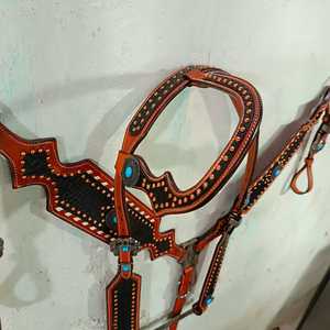 Venta caliente 2022 cuero genuino occidental una oreja Headstall y conjunto de cuello de pecho con fabricación de flecos proveedor superior en la India - Product Image 4