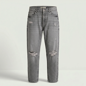 Jeans Casuales de Algodón con Lavado Enzimático y Rasgaduras Grises, Corte Recto, Estilo Urbano para Hombre - Product Image 1