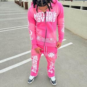 Ensemble de survêtement en coton 100% lourd, délavé au soleil d'hiver, fabriqué sur mesure, impression en relief, pantalon de survêtement évasé, sweat-shirt - Product Image 1