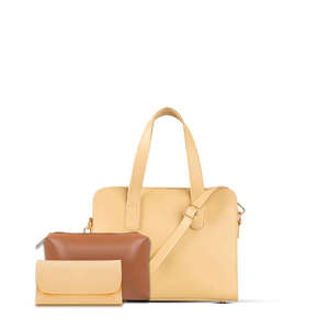 Elegant Beige Leather <b>Handbag</b> Set Includes Structured Tote, <b>Medium</b> Pouch and Zippered Clutch Wallet with Gold Tone Hardware - Product Image 1