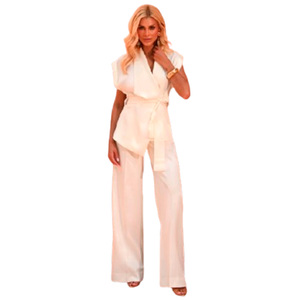 Conjunto de Top Amarillo sin Mangas con Cuello Cruzado y Pantalones Anchos, Traje de Mujer Tejido a Medida, Atuendo Informal - Product Image 2