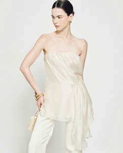 Luxury Ivory Party Set Asymmetric Strapless Peplum Top <b>Wide</b> <b>Leg</b> <b>Pants</b> OEM ODM Made in Vietnam - Product Image 3
