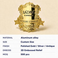 Logo personnalisé en alliage de zinc plaqué or, métal 3D en relief, pour parfum, vin, cosmétiques, emballage papier, étiquette de bouteille, autocollant