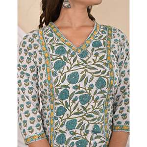 Cotton <b>Block</b> <b>Printed</b> Sea Green Jaal Kurti Traditional Indian Ethnic Floral <b>Printed</b> Long Stitched Rayon Daily Wear for Party - Product Image 2