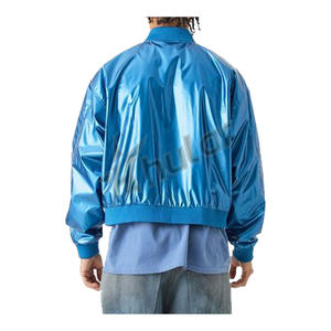 Chaqueta deportiva de invierno personalizada de deportes metálicos azules, abrigo estampado de talla grande, chaqueta Bomber de satén/cuero para hombres - Product Image 2