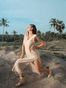 ชุดเดรสยาวสไตล์โบโฮ/เดรสแม็กซี่เปิดหลัง/ชุดเดรสพิธีการสีเบจธรรมชาติ - Product Image 4