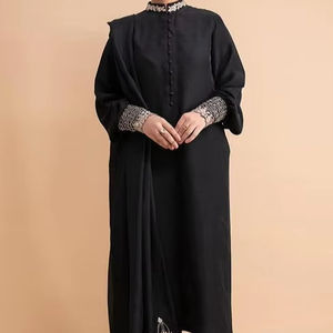 2024 élégant noir longue Kurta pantalon Duppatta robe décente Zardozi broderie dentelle paillettes bouton taille pour les fêtes mariages - Product Image 1