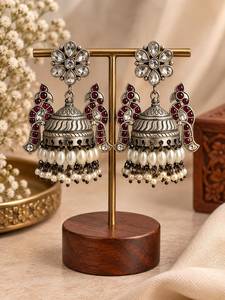 Flower Shape Chandelier <b>Earrings</b> for Women | Red Green Zircon & <b>Pearl</b> | Vintage Antique <b>Silver</b> Plated Wedding Jewellery - Product Image 2