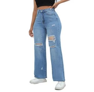 Pantalones vaqueros rectos informales de algodón 100% para mujer, pantalones de lavado rasgados a la moda con efecto mono, bigote, logotipo frontal de mezclilla transpirable - Product Image 3