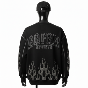 Sweat-shirt oversize pour homme, luxe, coton lourd GSM, molleton noir, design flamme en strass, logo personnalisé, sweat-shirts oversize basiques - Product Image 2