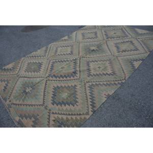 Alfombra turca Kilim 6,2X10,9 pies Azul Beige Tejido plano Lana hecha a mano Jacquard Felpa Pila Altura Rectángulo Pasillo Estampado Látex - Product Image 2