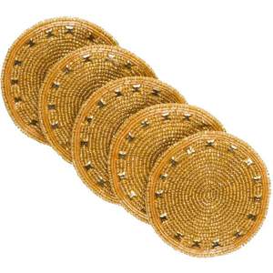 Jaune de broderie perlée fait à la main exclusif avec sous-verre d'or avec travail manuel de forme ronde élégante et forme ronde élégante de l'Inde - Product Image 1