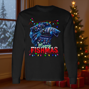 T-shirt a maniche lunghe con pesci Betta blu in maglione brutto Merry Fishmas - Product Image 3