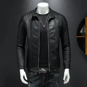 Chaqueta de bombardero personalizada con letras de cuero marrón sin cuello de talla grande con detalle de parche para hombre - Product Image 3