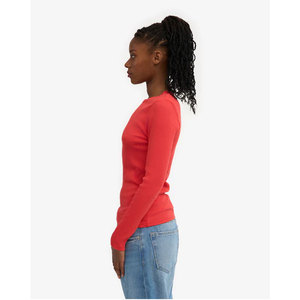 Breathable All Seasons <b>Top</b> Women <b>Red</b> Long Sleeve Shirt Crew Neck Knitted Slim Fit Casual Solid Color 100% Cotton T-Shirt - Product Image 5