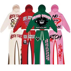 Forte demande Ensembles deux pièces de pantalons de survêtement à capuche avec logo Ensemble de pantalons évasés à capuche surdimensionnés en coton éponge français à impression bouffante 3D - Product Image 3