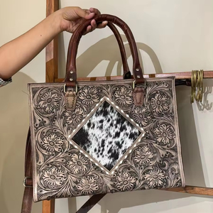 Nueva moda de pelo genuino en cuero mecanizado bohemio Buck Stitch Tote Bags Western tallado a mano cuero de vaca monedero para mujer - Product Image 2