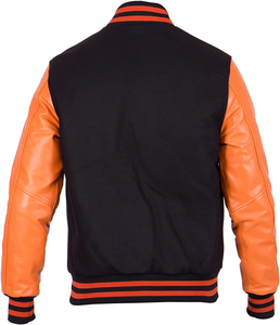 แจ็กเก็ตเบสบอลสีดำสีขาวพร้อมแขนเสื้อหนังปักโลโก้แบบปะติดเสื้อแจ็คเก็ตบอมเบอร์สไตล์ทำงานออกแบบได้ตามที่ต้องการ - Product Image 2