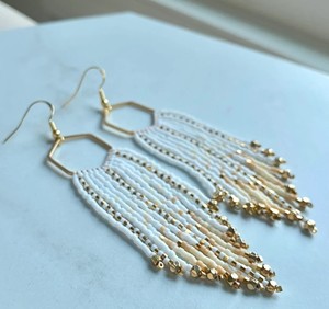 Trendy Beaded Fringe Earrings Seed Bead Long <b>Boho</b> Statement Jewelry Neutral White Gold Jewellery Gifts for Her/hexagon Cream - Product Image 1