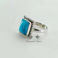 Bague de promesse unisexe en argent sterling 925 plaqué or 14 carats, sertie à la main, avec pierre turquoise taille coussin, bijou pierre de naissance de décembre