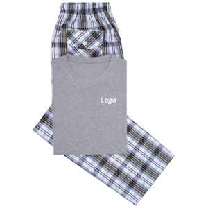Conjunto de pijama de camiseta lisa gris Conjunto de salón tejido de algodón 100% Ropa de dormir de media manga suave y transpirable con camiseta y pantalones de cuello redondo - Product Image 1