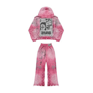 Customized Vintage Men's Streetwear Two-Piece Set Full Rhinestone Screen Printed Eco-Friendly Hoodie Sweatpants Jogger Acid Wash - Product Image 2