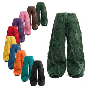 Oversized Unisex Textured Patchwork Denim Pants Wide Leg Streetwear Casual Fashion Distressed <b>Jeans</b> OEM ODM Whole Sale Trousers - Product Image 1