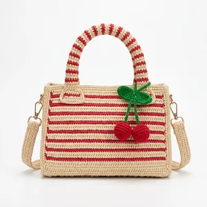 <b>Crochet</b> Handmade Raffia Lady's <b>Shoulder</b> <b>Bag</b> Striped Bohemian Style Strawberry Decoration Summer Daily Use Open Two-Handle Cotton - Product Image 2