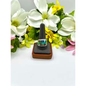 Bague en argent sterling multi-pierres faite à la main par des artisans navajo, incrustation tendance taille princesse en acier inoxydable doré, taille 12, cadeau idéal - Product Image 1
