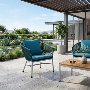 Fauteuil de jardin extérieur Teal avec structure en métal blanc, fauteuil en corde tressée avec coussins, pour l'aménagement de terrasse, design artistique et pur pour la décoration - Product Image 2