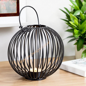 Lanterne en fil métallique noir minimaliste avec porte-bougie, pot à bougie unique, décor intérieur/extérieur élégant, lanterne design ronde - Product Image 6