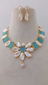 Blossom Azure Unique Cute Necklace Set for Weddings and Parties Featuring <b>Large</b> Oval Aqua <b>Stone</b> and Brass for Engagements - Product Image 3