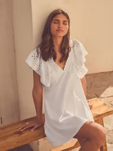 ชุดเดรสสั้นผ้าเรยอนสีขาวสำหรับผู้หญิงชุดเดรสคอวีแขนสั้นชุดชายหาดชุดเดรสลำลองฤดูร้อน - Product Image 3