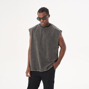 Fait sur mesure hommes col rond bord brut en détresse T-shirt sans manches hommes coupé sur la taille Vintage lavage à l'acide avec manches - Product Image 3