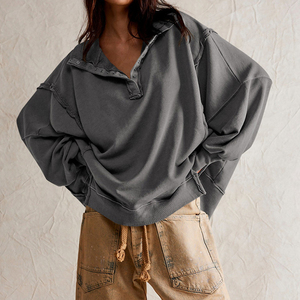 Sweat-shirts à capuche personnalisés en éponge française pour femmes, sweatshirts à col rabattu avec boutons, chemises à manches longues de couleur unie - Product Image 5