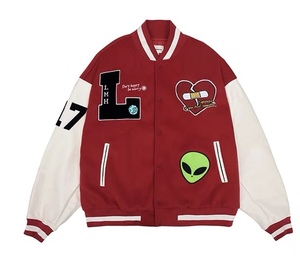 Customizable Logo Chenille Embroidery Patch High Quality Wool Leather Sleeve Cropped Mens Varsity <b>Jackets</b> Red and White - Product Image 1