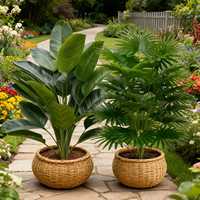 Ensemble de 2 plantes artificielles tropicales, feuilles de bananier et palmier éventail, grandes plantes d'intérieur, sans pot, décoration intérieure et extérieure