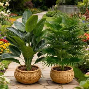 Ensemble de 2 plantes artificielles tropicales, feuilles de bananier et palmier éventail, grandes plantes d'intérieur, sans pot, décoration intérieure et extérieure - Product Image 2