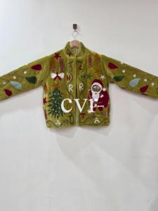 Hand Embroidered <b>Christmas</b> Velvet Bomber <b>Jacket</b> Adult Full Sleeve Zipper Closure Stand Collar Regular Length - Product Image 2